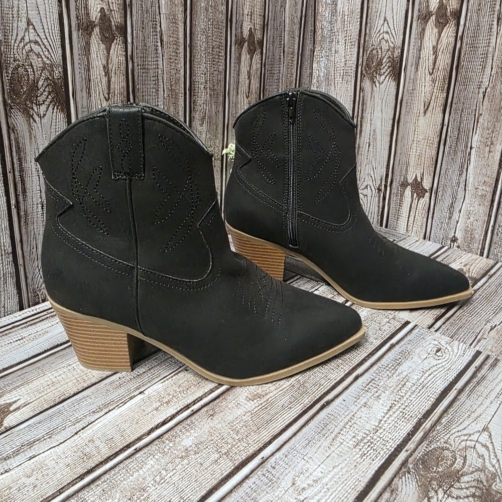 MIA Black Ankle Booties with Tan Heel